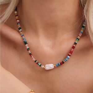 Colorful Beaded Necklace with natural pearl pendant